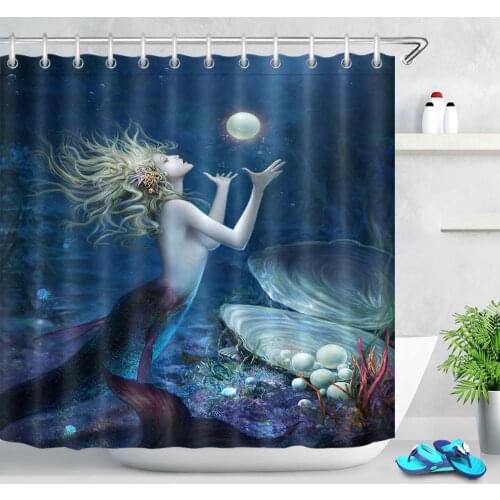 Mermaid Shower Curtains Waterproof Fantasy Fairy Tale Sexy Woman Pearl Bathroom Decoration Curtain Polyester Fabric with Hooks