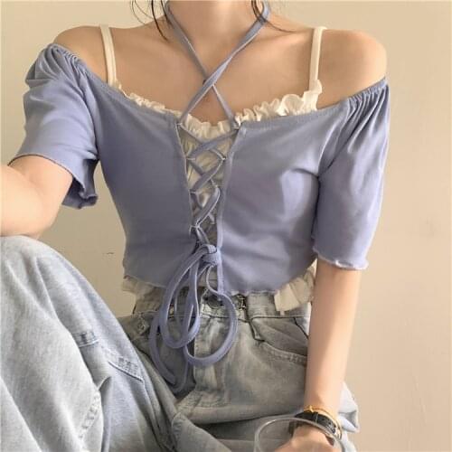 Bandage Halter Neck T-shirt Womens 2021 Summer Off Shoulder Short Sleeve Top and Ruffles Camisole Sweet Gothic Streetwear