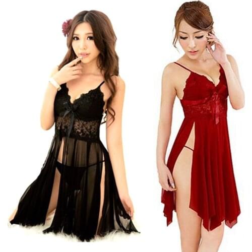 Women Lace Sexy Night Gown Robe Lingerie Sleepwear Sex Nighties Split Dress Nightgown with G-string TT@88