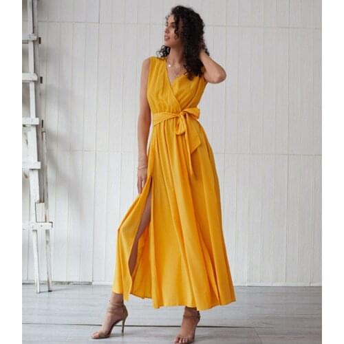 Summer Dress Women V-neck A-line Party Dress High Split Dresses Women 2020 New Elegant Sleeveless Sashes Vintage Holiday Dresses