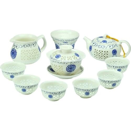 [1 Teapot + 1 Cover cup + 1 Fair cup + 1 Filter + 6 Cups] Authentic 10 Pcs Kung Fu Tea Set Ceramics/Porcelain Tea Ceremony Gift