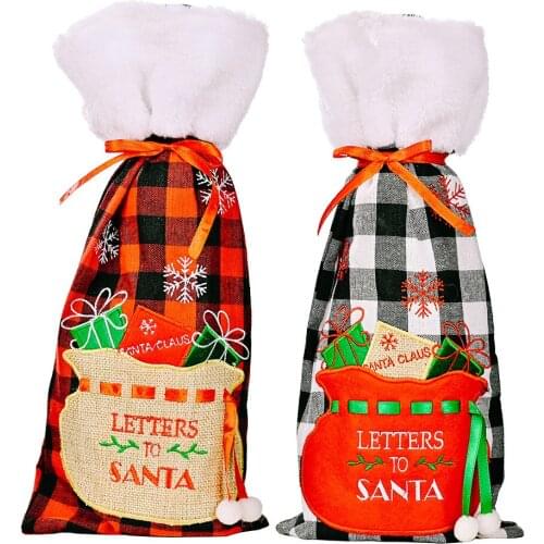 10 PCS Christmas Buffalo Plaid Wine Bottle Covers with Faux Fur Cuff Xmas Gift Bags Home Dinner Party Table Decor Wholesale XB