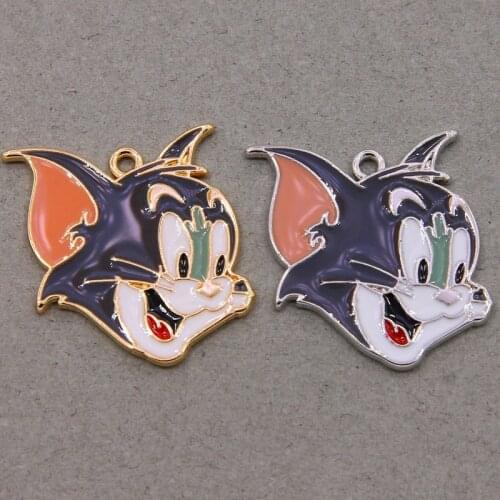 2 pieces of 19*21mm rhodium color alloy enamel Tom cat pendant necklace chain bracelet jewelry making DIY earrings