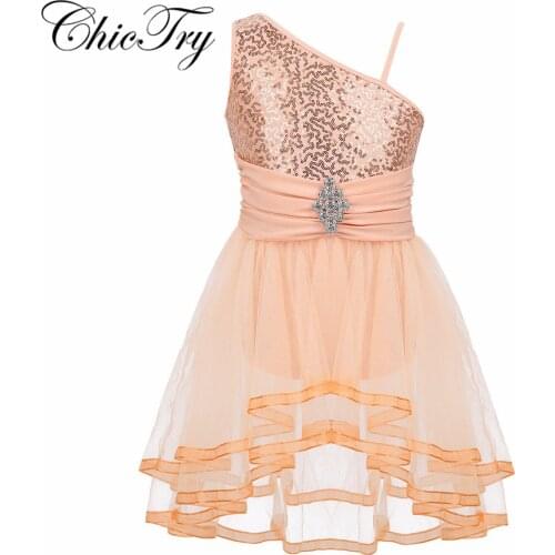 Sequins Girl One Shoulder Children Ballet Dress Ballerina Tutu Ballet Soft Tulle Girls Leotard Ballerina Dance Costume Dancewear