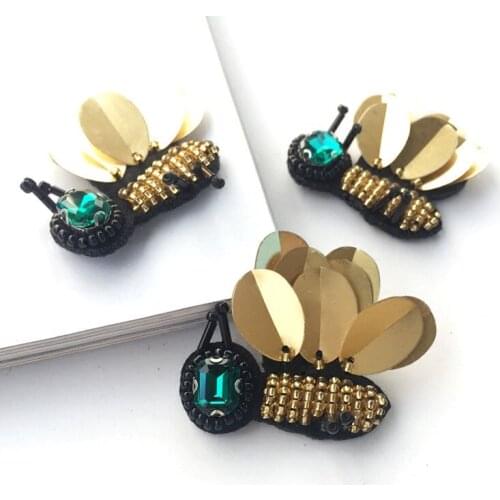 Bees sequins Rhinestones bead brooch golden patches applique sew on beading applique clothes shoes bags decoration patch DIY
