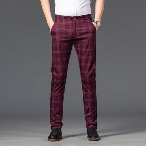 2021 New Mens Plaid Casual Pants Fashion Sanding Slim Fit Elastic Trousers Male Brand Clothing Pleated Pants Men