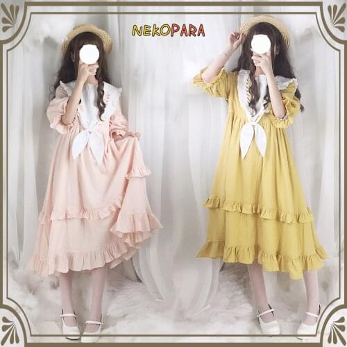 Long Ver.Poetry of Leaf Embroidery Dress Sweet Womens Lolita Sailor Collar Cotton And Linen Summer Dress Cute 3 Colors