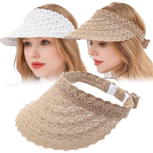 Women Summer Hat Foldable Visors Sun Hat Wide Lace Large Brim Beach Hats Straw Hat Chapeau Femme Beach UV Protection Cap