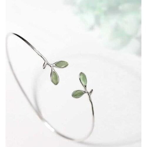 KOFSAC Cute Small Leaves Branches Bangle For Women 925 Sterling Silver Party Jewelry Chic Crystal Green Bangles Girl Best Gifts
