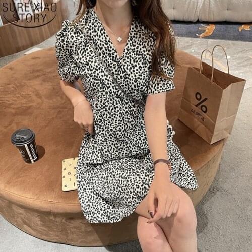 Summer Women Dresses 2021 New Short Puff Sleeve Mini Dress French Vintage Leopard Print Chiffon Dress Vestido Feminino 15229