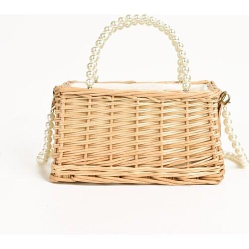 Summer beach vacation womens straw bag mini portable rattan pearl bags Cross-body shoulder messenger bag