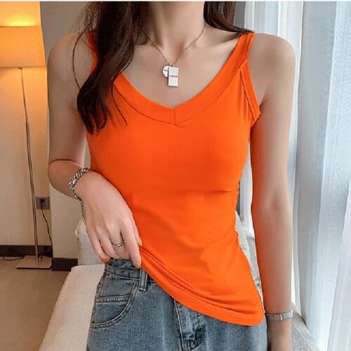 LJSXLS Cotton Tops 2021 Summer Pure Color Camisole Women V Neck Slim Casual Bottoming Shirt Sleeveless Female Orange Tanks Top