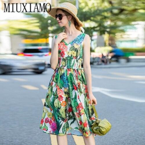 MIUXIMAO High Quality Europe 2020 Fall Dress Newest Sleeveless Flower Print Elegant Mid-Calf Casual Dress Women Vestidos