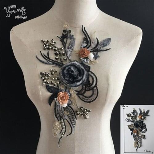 3D Flower Lace Collar Embroidery Applique Sequins Sewing Pearl DIY Trim Lace Fabric Neckline Clothing Accessories Supplies