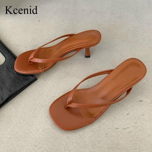 Kcenid Summer New Women Mules Med Heel Slippers Sandals Fashion Round Open-Toed Heel Flip Flops Black White Concise Shoes