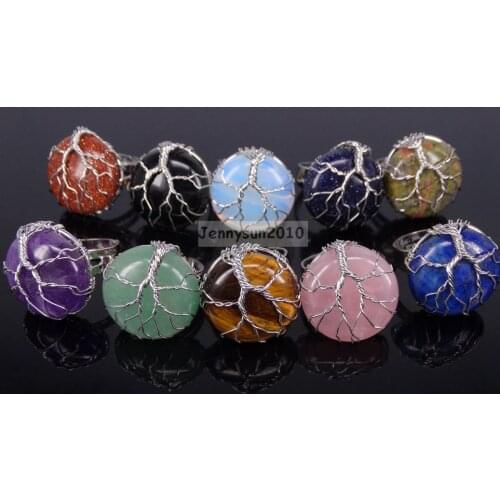 Natural Round Gems Stone Wire Wraped Tree of Life Adjustable Ring Reiki Chakra Jewelry 10Pcs/Pack