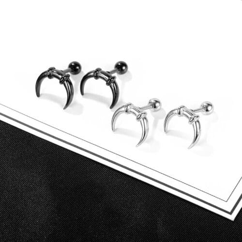 Stainless Steel Moon Stud Earrings for Women Men Black Small Ox Horn Crescent Tribal Style Ethnic Ear Jewelry Friend Best Gift