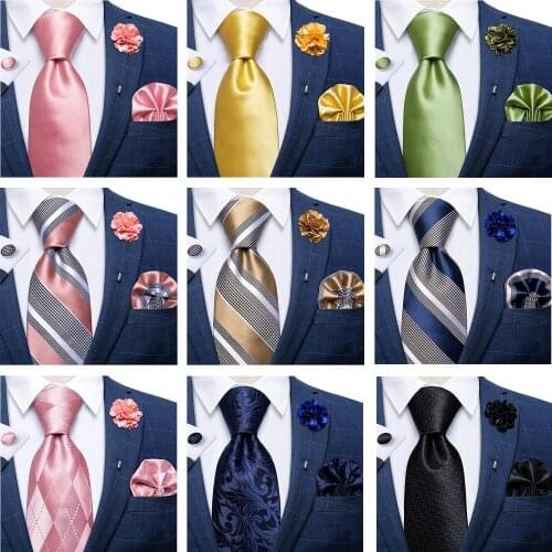Solid Yellow Black Neck Ties For Men Brooch Pin Set 8cm Width Business Wedding Mens Tie Handkerchief Cufflinks Men Gift DiBanGu