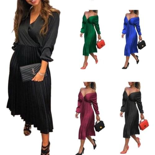 2021 Autumn Woman Solid Color Silk Long Sleeves Dress Off-shoulder V-neck Ruched Pleated Dress Long Dresses for Party Nightclub