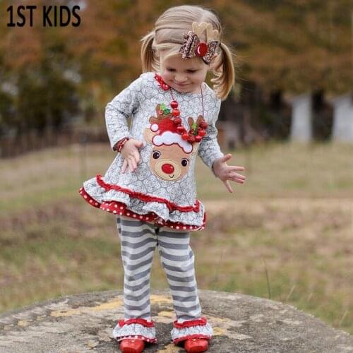 Fall/winter boutique Christmas Eve hightmare deer dress cotton clothes kids outfits baby girls gray accessories pants Sweet Gift