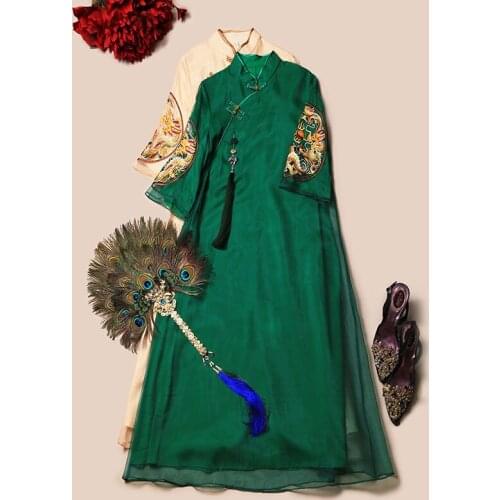 Spring and summer new large womens dress Chinese style embroidery improved cheongsam Zen national style dress womens dress