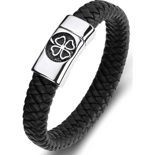 Fashion Braided Leather Bracelet Men Punk Handmade Jewelry Stainless Steel Four Leaf Clover Woven Bangles Male Wristband P076
