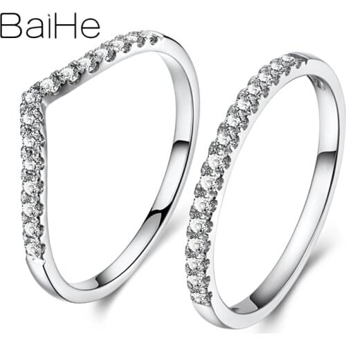 BAIHE Solid 18K White Gold 0.15ct Round Natural Diamond Wedding Women Trendy Fine Jewelry Gift Diamond V type Ring