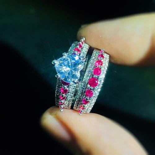 Luxury Heart Ring Sets For Women Pink Zircon Engagemt Wedding Jewelry Sliver Color Fashion Jewelry Wholesale Gift YG024