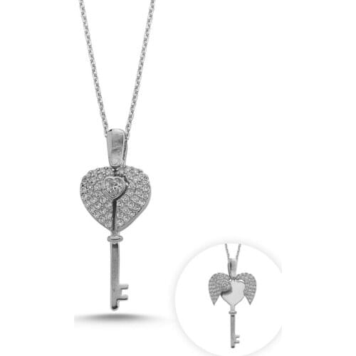 Silverlina Silver Heart & Key Zircon Cubic Zirconia Moving Necklace