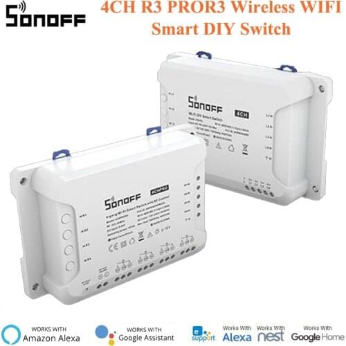 Sonoff 4CH R3 PROR3 Wireless WIFI Smart DIY Switch 4 Channel Din Rail Mounting,Remote/Voice Control Work with Alexa Google Home