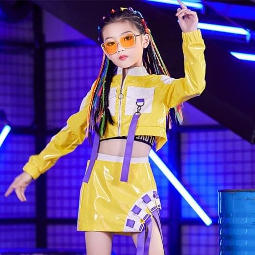 Girls Hip Hop Dance Costumes Yellow Shirt Short Skirt Cheerleading Clothes Kids Stage Outfit Street Performance Wear DNV12306