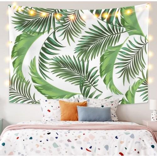 Tropical Plant Tapestry Palm Banana Leaves Wall Hanging White Background Dorm Bedroom Boho Style Decoration Picnic Beach Mat