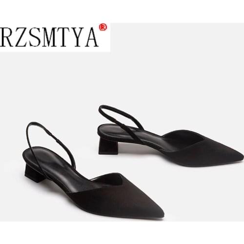 2021 Square Med Heel Back Strap Women Sandals Microfiber Summer Ladies Pumps Pointed Toe Concise Female Shoes