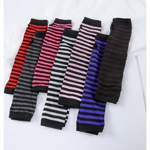 Womens Fingerless Long Gloves Striped Warmers Cotton Arm Cover Sun Protection Fashion Anime Hand Warmers Knuckles Punk Gothic