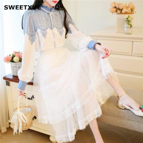 SWEETXUE Lady Spring 2020 Fashion Fairy Set Cute Kawaii Chiffon Shirt + High Waist Lace Gauze Long Skirt Two-Piece Suit Womens