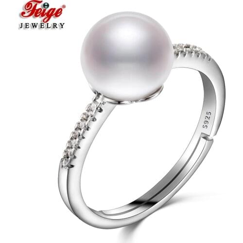 4 Colors Genuine 925 Sterling Silver 9-10mm Freshwater Pearl Rings for Women Jewellery Gifts Exquisite Finger Rings FEIGE