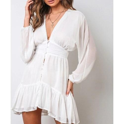 Sexy Plunge V Neck Womens Spring Summer Dress Long Sleeve Mini Party Dress Ruffle Elegant Clothing