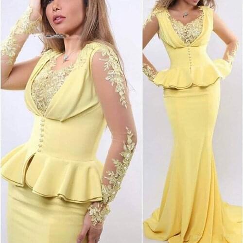 2020 Yellow Evening Dress Prom Dresses Mermaid Lace Celebrity Gown Sexy Vestido De Novia African Saudi Arabia evening dresses