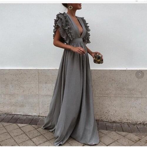 Vintage Ruffles Maxi Dress Women Sexy Deep V Neck Party Gown Long Dresses Elegant Hight Waist Plus Size Female Dresses