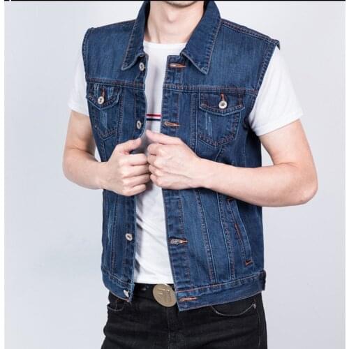 Mens Cotton Denim Vest with Many Pockets Mens Plus Size Blue Jean Vest Waistcoat Men Slim Fit Sleeveless Jacket Colete 4XL 5XL