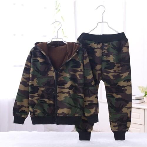 ZWY448 Winter Boys Girls Warm Clothing Military Camouflage Sets Hooded Coat + Pants Kids Child Puls Velvet Clothes Suits Outfits