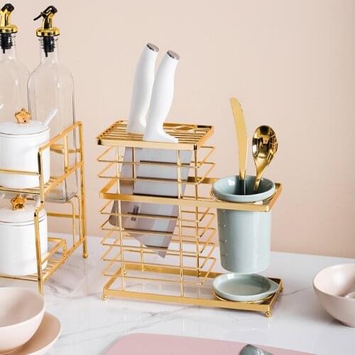 2 in 1Golden Metal Knife Holder with Ceramic Cutlery Storage Box Stand Organizer Container Kitchen Accessories Gadgets