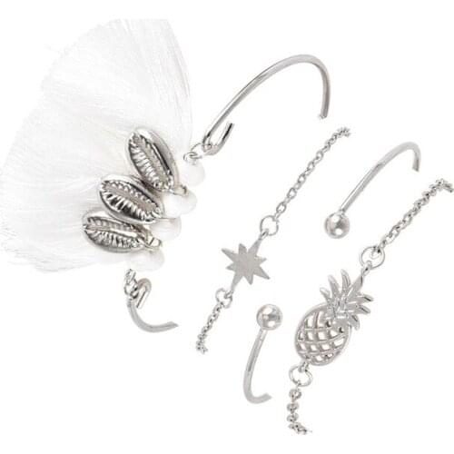 4 Pcs/Set Bohemian Star Pineapple Shell Tassel Pendant Open Bracelet Vintage Women Party Multilayer Bracelet Set Jewelry