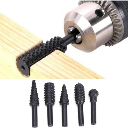 5pcs Black Steel Rotary Burr Set 1/4'' 6mm Shank Wood Rasp Drill Bits Home Tool