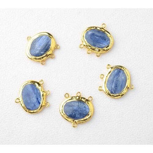 5PCS Natural Blue kyanite Oval Beads Gold plated Edge Connector Pendant For Making Bracelet necklace Jewelry DIY