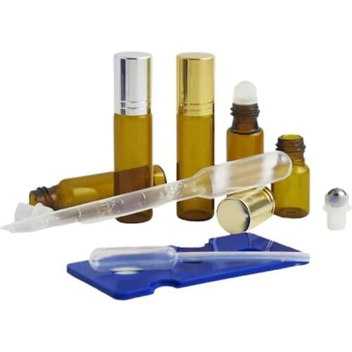 50pcs mini 3ml 5ml 7ml amber roll on roller bottles for essential oils roll-on refillable perfume bottle with aluminum lids