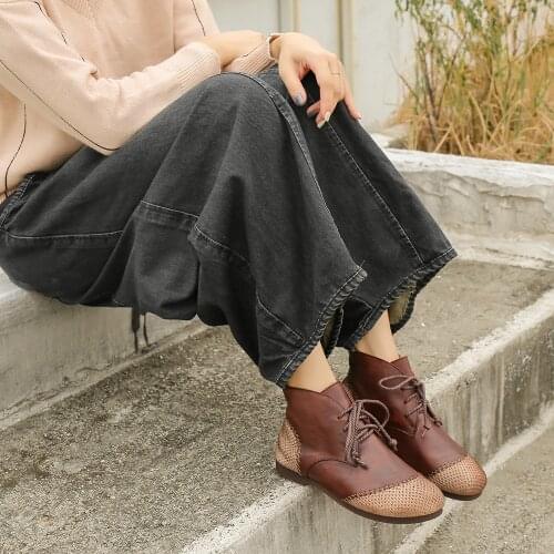 Handmade Retro Genuine Leather Lace Up Flats Splicing Design Round Toe Ankle Boots Coffe/Brown/Black