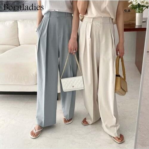 Bornladies 2021 Summer Casual High Waist Loose Straight Pants for Women Ladies Button Wide Leg Trousers Female Solid Pants