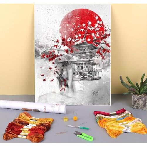 Flower Sakura Pre-Printed 11CT Cross-Stitch Patterns DIY Embroidery DMC Threads Handmade Handicraft Craft Sewing Design Mulina