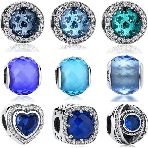 ELESHE European 925 Sterling Silver Blue CZ Crystal Faceted Murano Glass Beads Fit Original Charm Bracelets DIY Jewelry